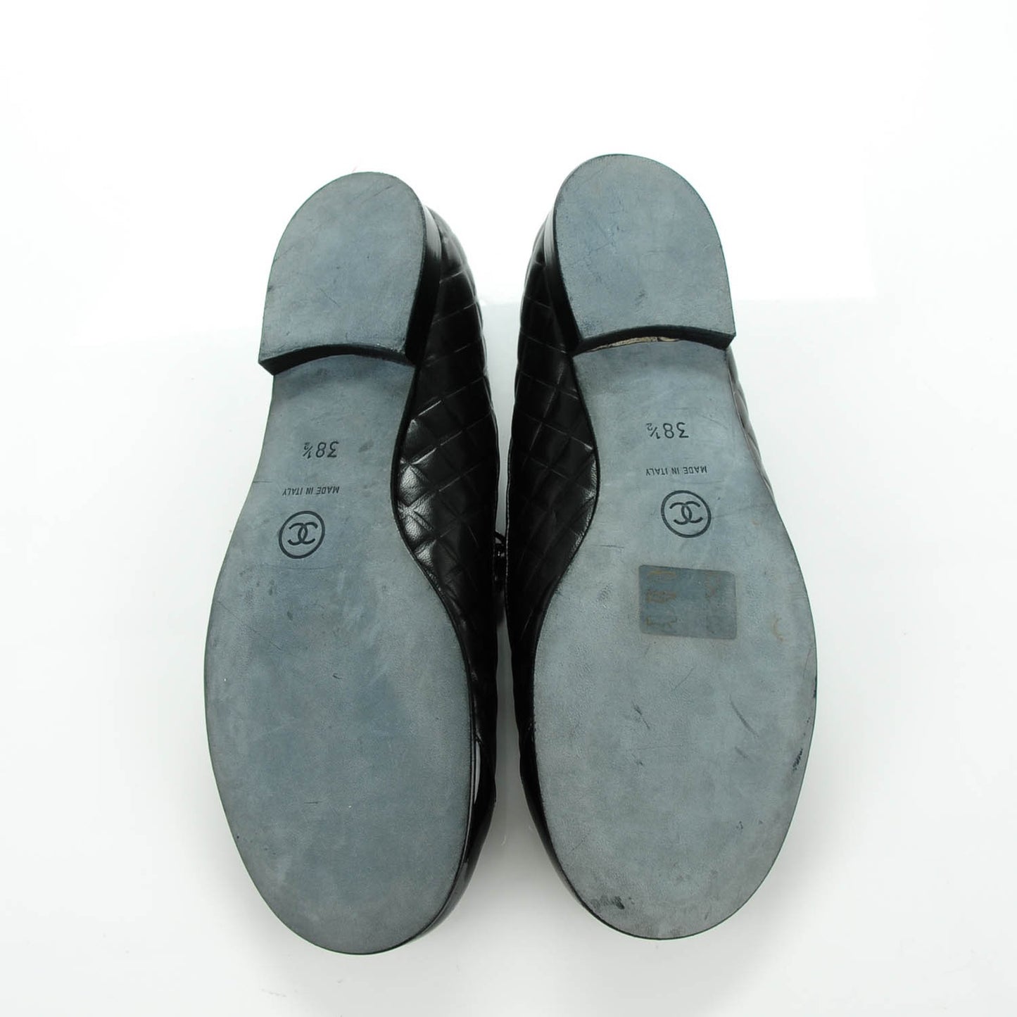 Lambskin Patent Quilted Cap Toe Pearl Ballerina Flats 38.5 Black