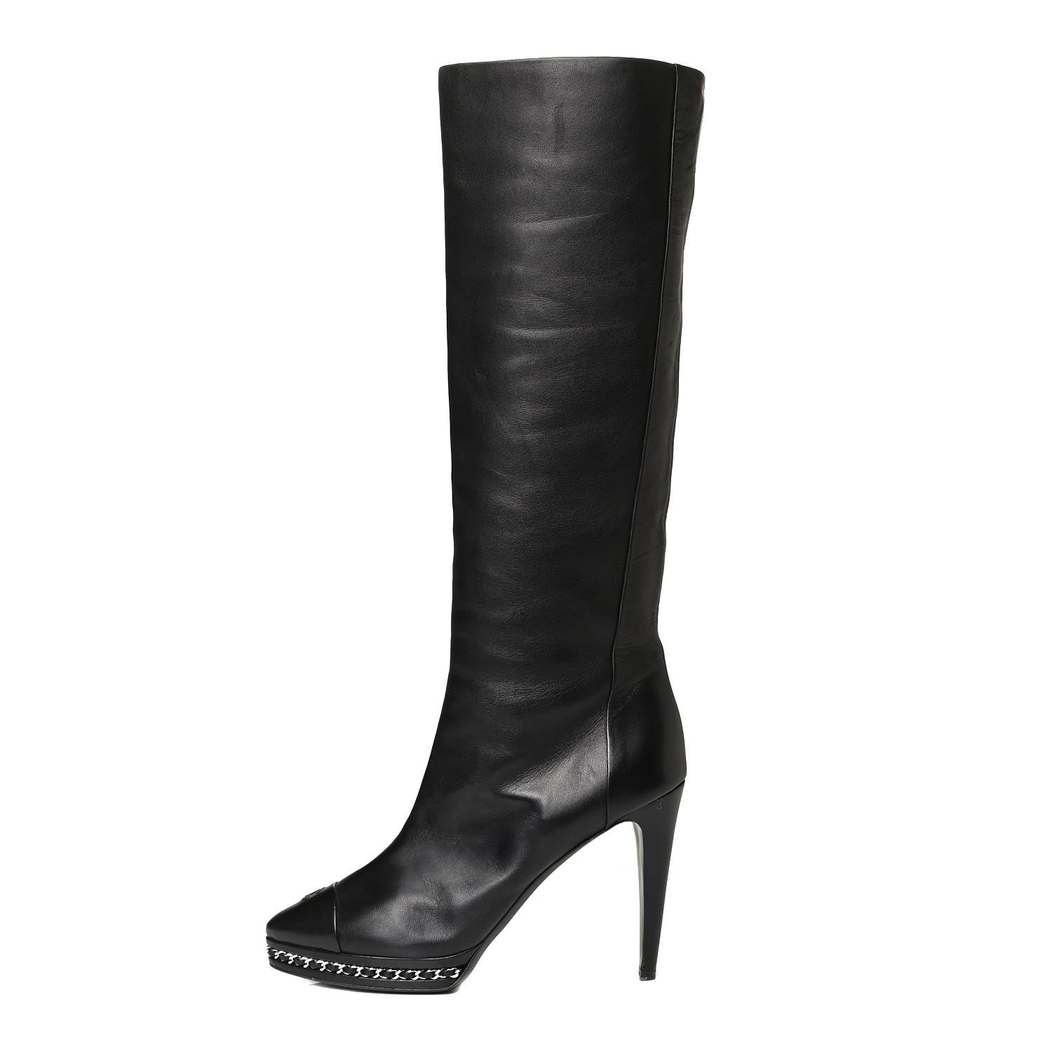 Chanel Lambskin CC Platform Cap Toe Chain Knee High Boots 42 Black 2 of 18