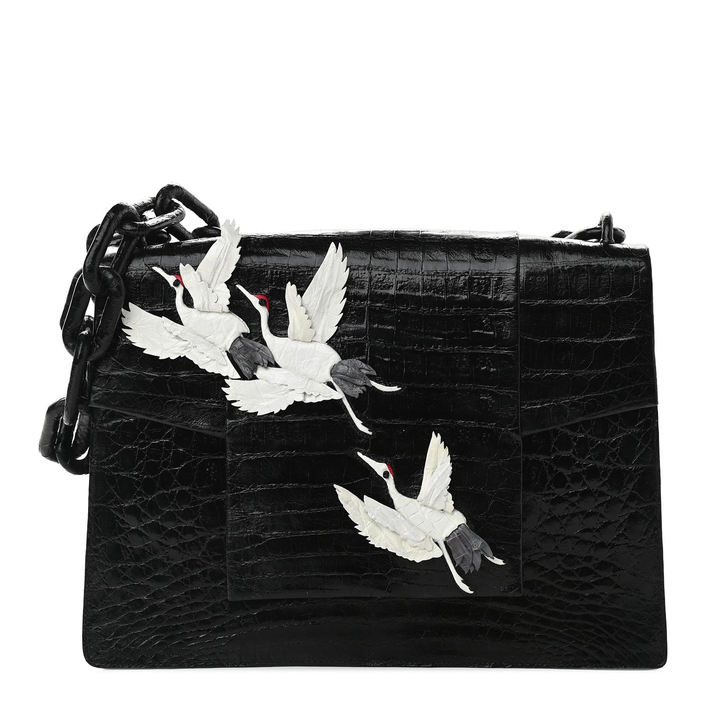 Crocodile Embroidered Birds Bag Black