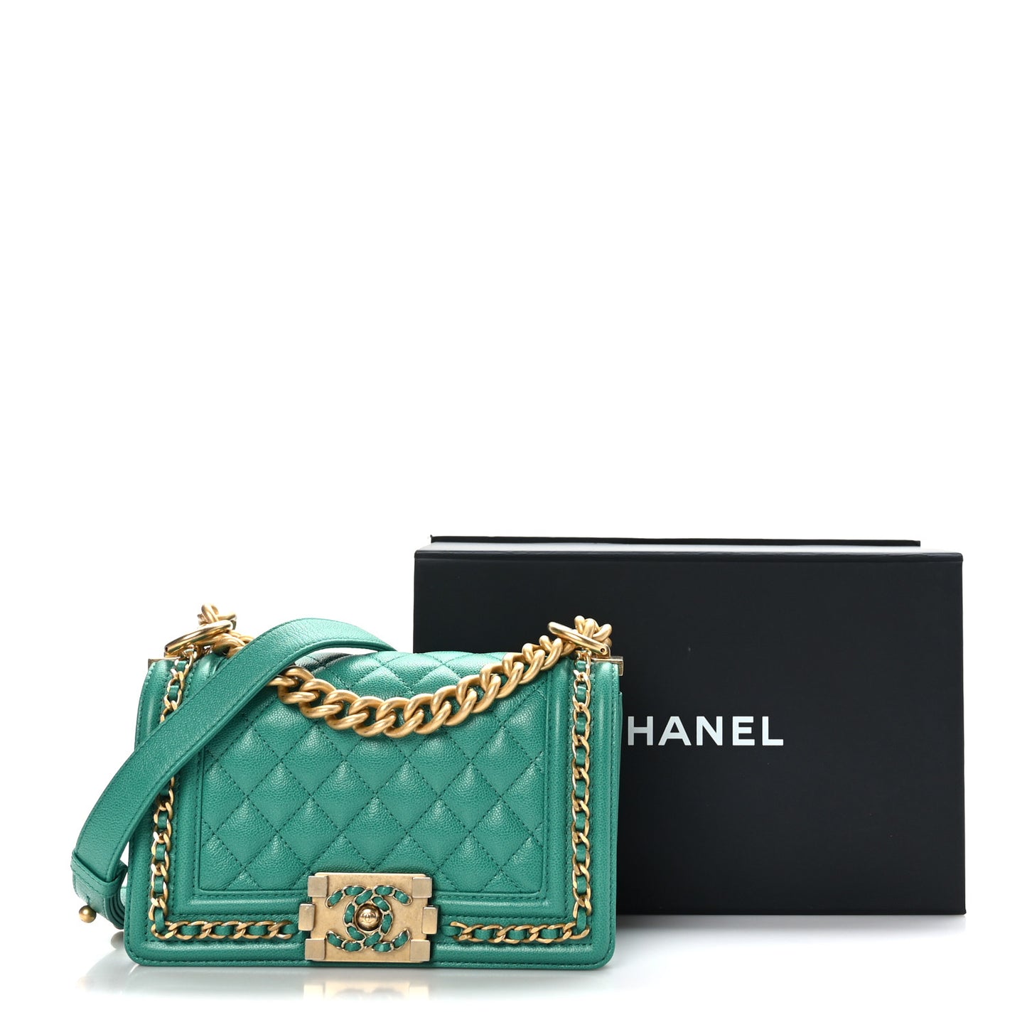 Caviar Quilted Small Chain Around Boy Flap Green