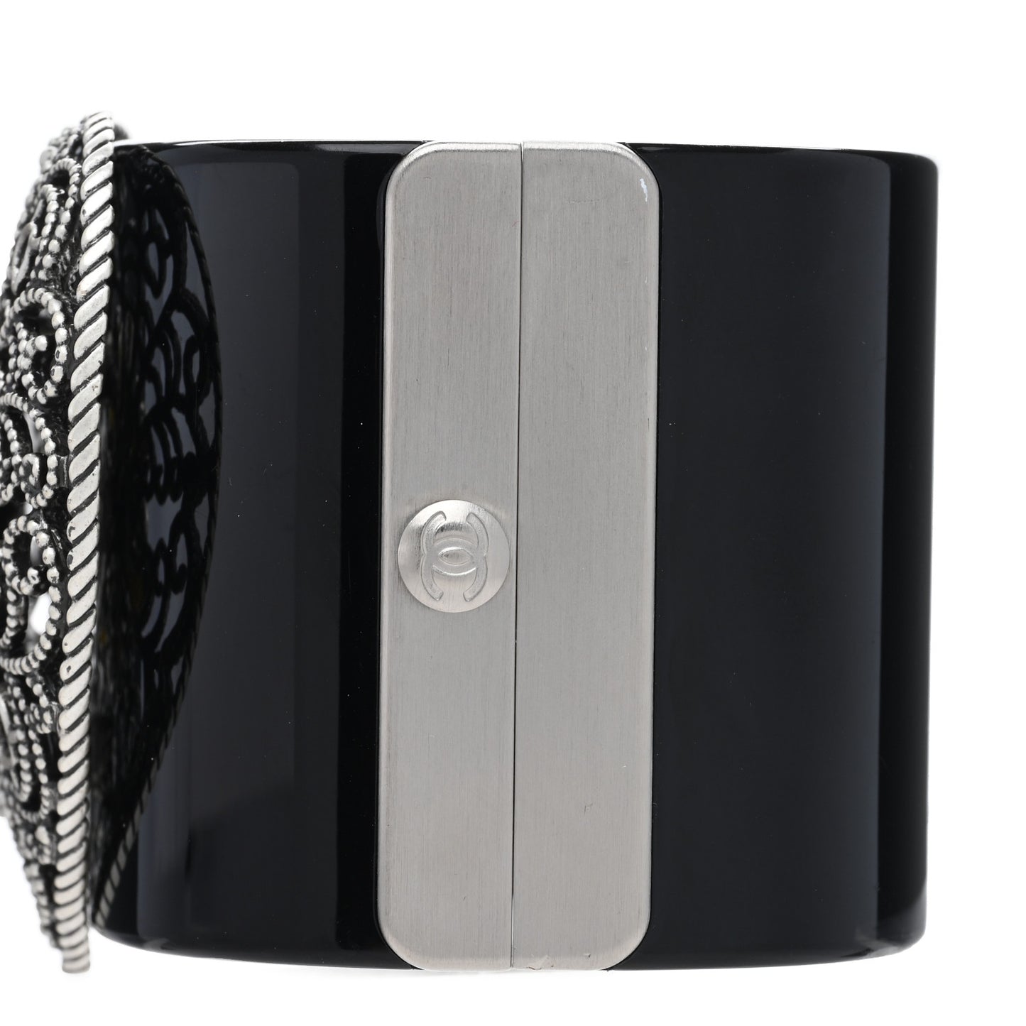 Resin Filigree Heart CC Cuff Bracelet Black