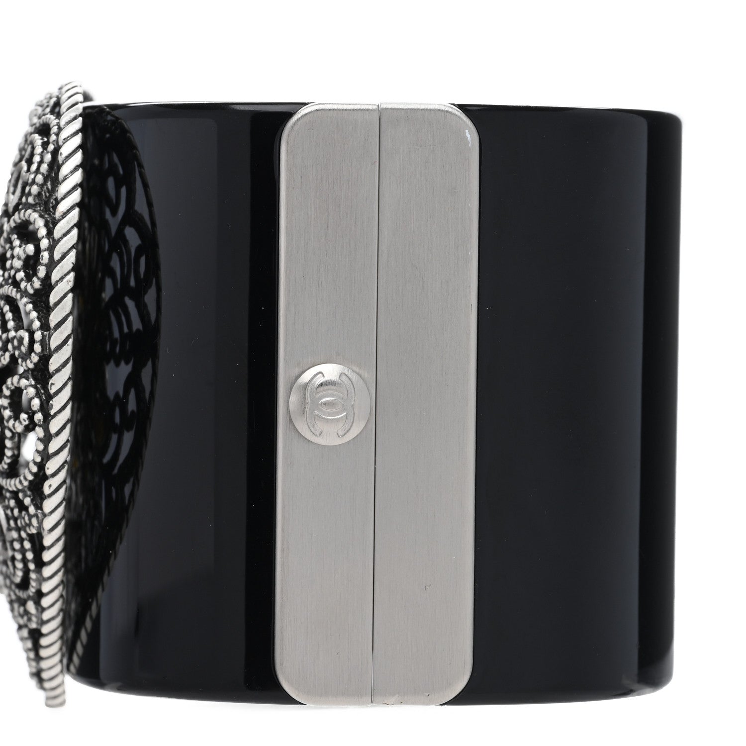 Chanel Resin Filigree Heart CC Cuff Bracelet Black 3 of 4