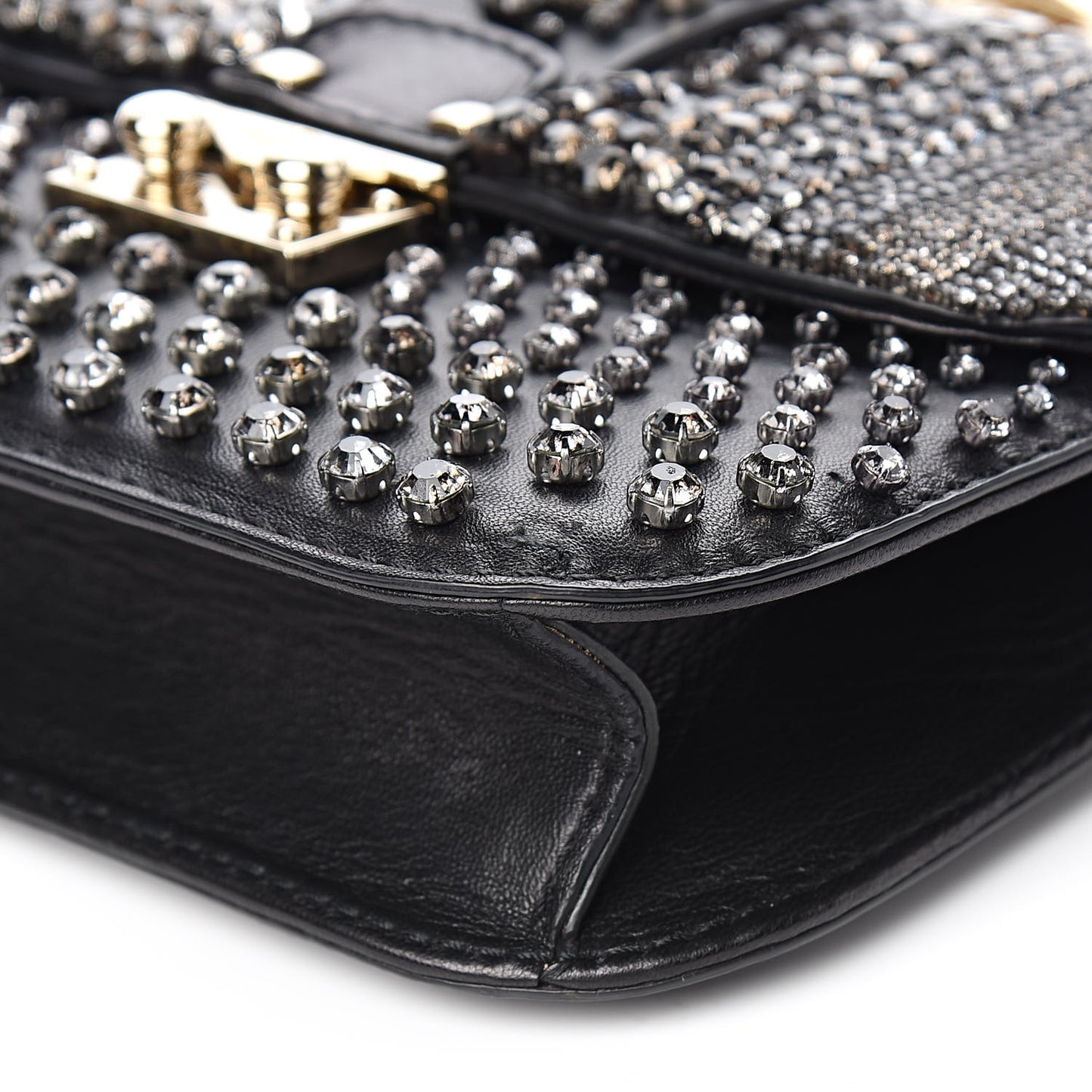 Vitello Crystal Embellished Small Glam Lock Rockstud Flap Black