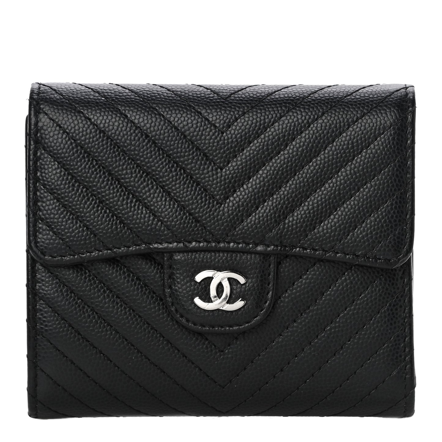 Caviar Chevron Quilted Compact Flap Wallet Black