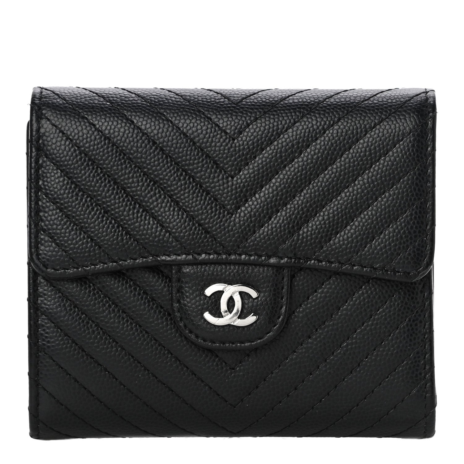 Chanel Caviar Chevron Quilted Compact Flap Wallet Black 1 of 12