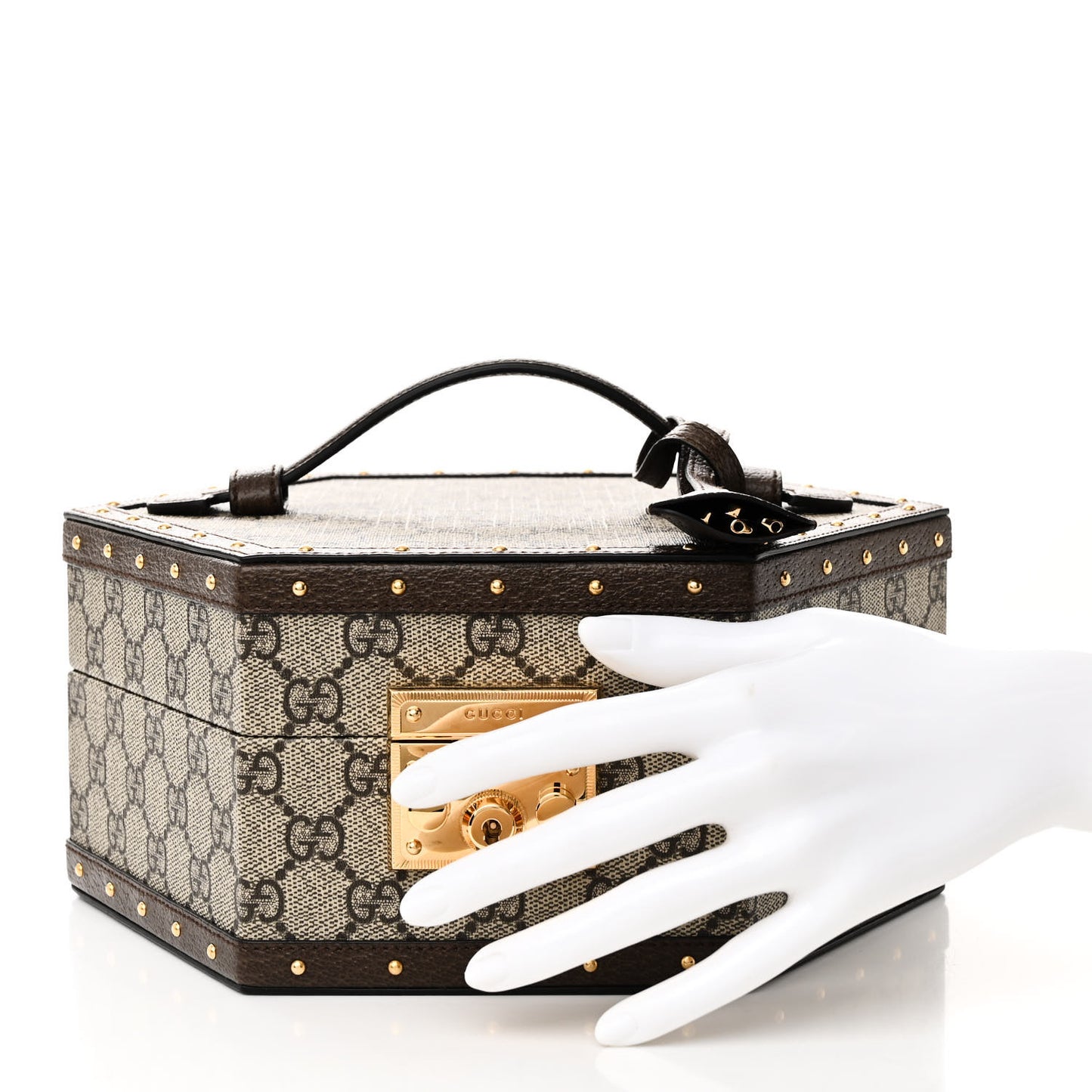 GG Supreme Monogram Textured Dollar Calfskin Studded Padlock Hexagon Top Handle Case Beige Ebony New Acero