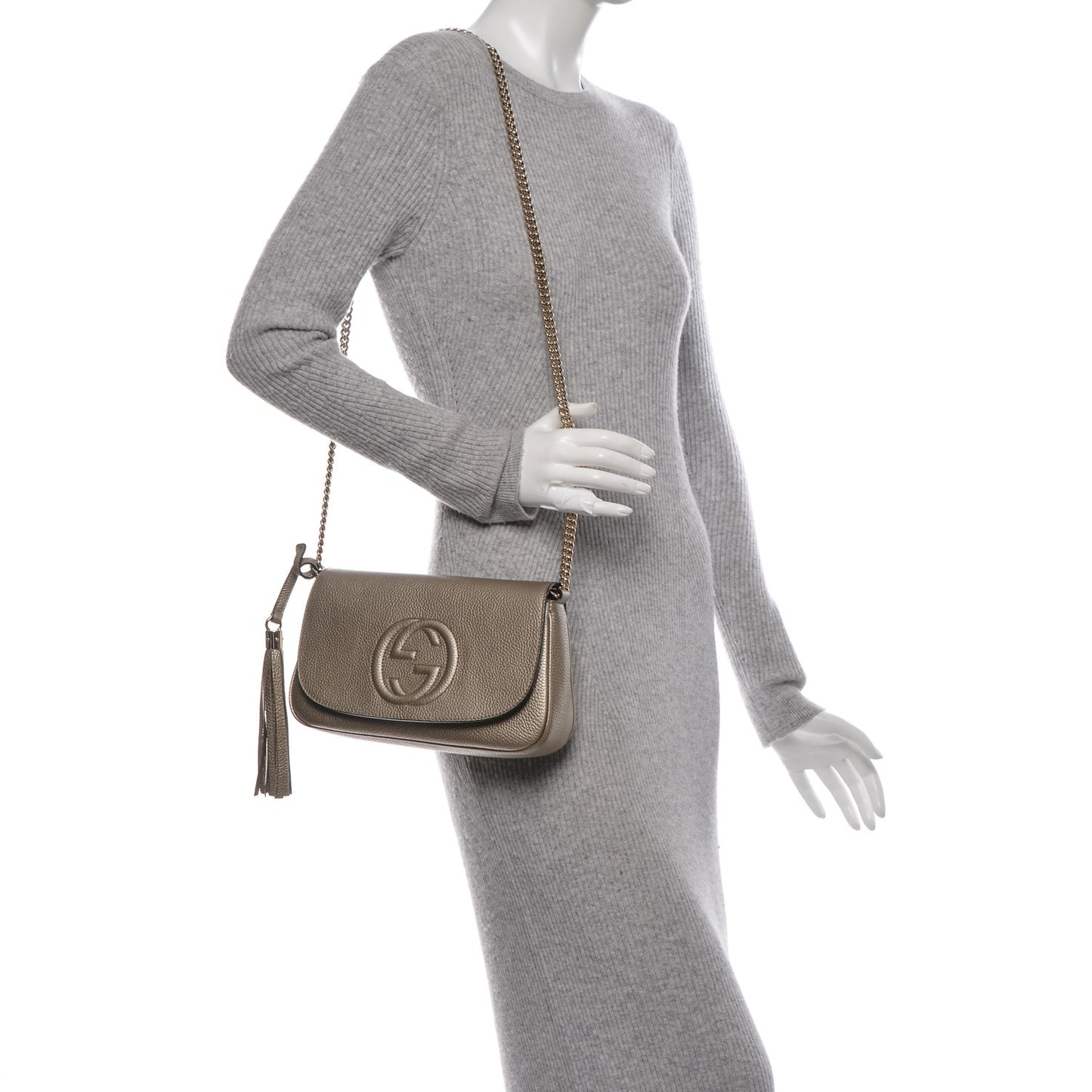 Metallic Pebbled Calfskin Medium Soho Flap Crossbody Golden Beige