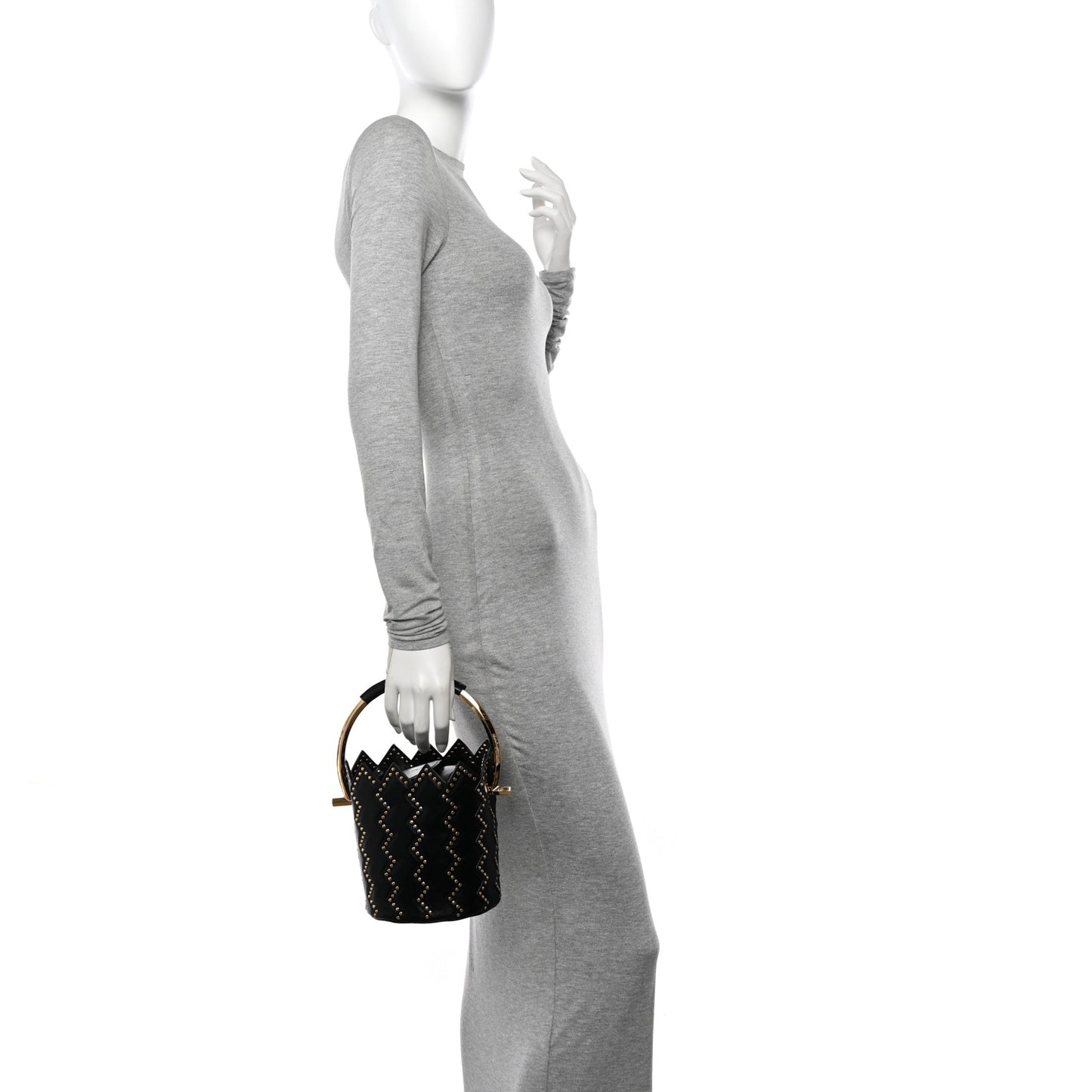 X SARA BATTAGLIA Calfskin Studded Zig Zag Bucket Shoulder Bag Black