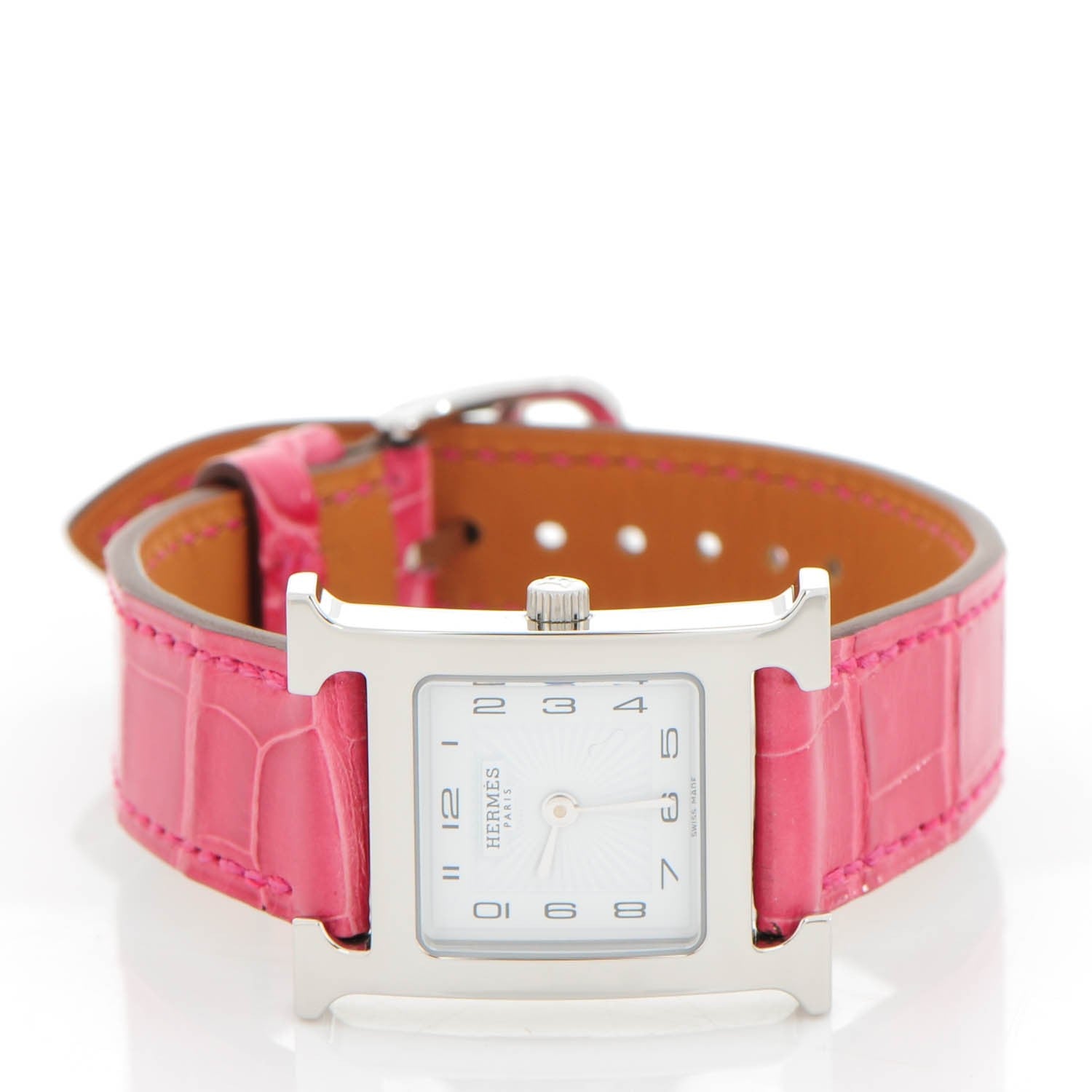 Hermes Stainless Steel Alligator 21mm Heure H Hour Quartz Watch Framboise 3 of 8