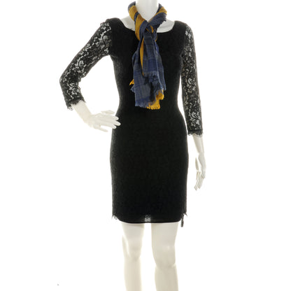 Chanel Cashmere Silk Plaid CC Scarf Navy Yellow 2 of 6