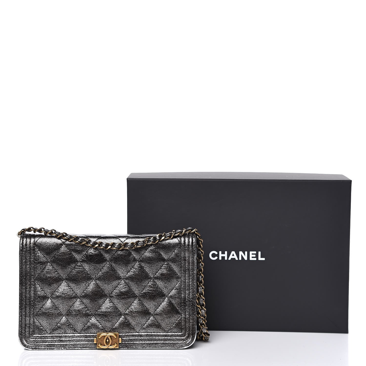 Chanel Cracked Metallic Calfskin Quilted Boy Wallet On Chain WOC Dark Silver 18 of 18