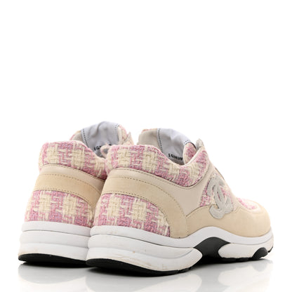 Chanel Tweed Suede Calfskin Womens CC Sneakers 39 Pink Ecru 4 of 9