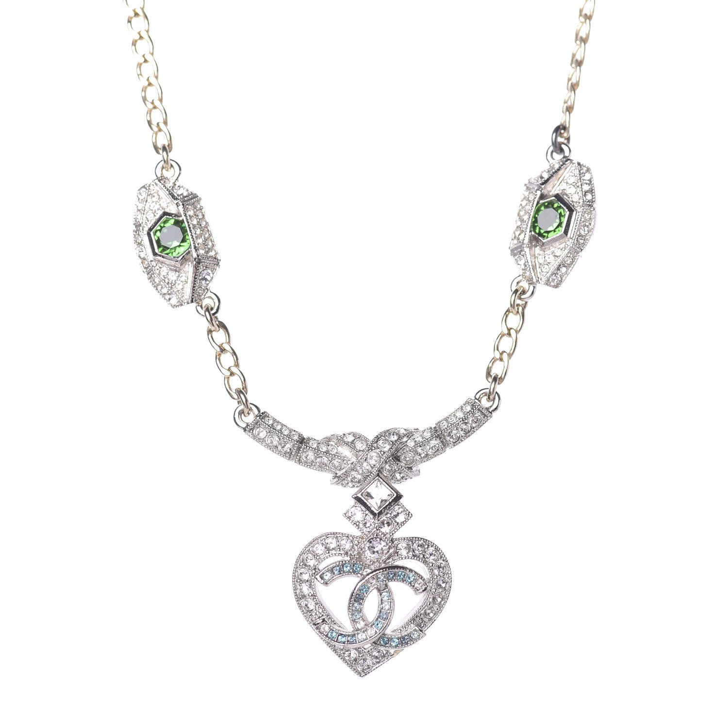 Chanel Crystal Heart Eye CC Pendant Necklace Gold Silver 1 of 8