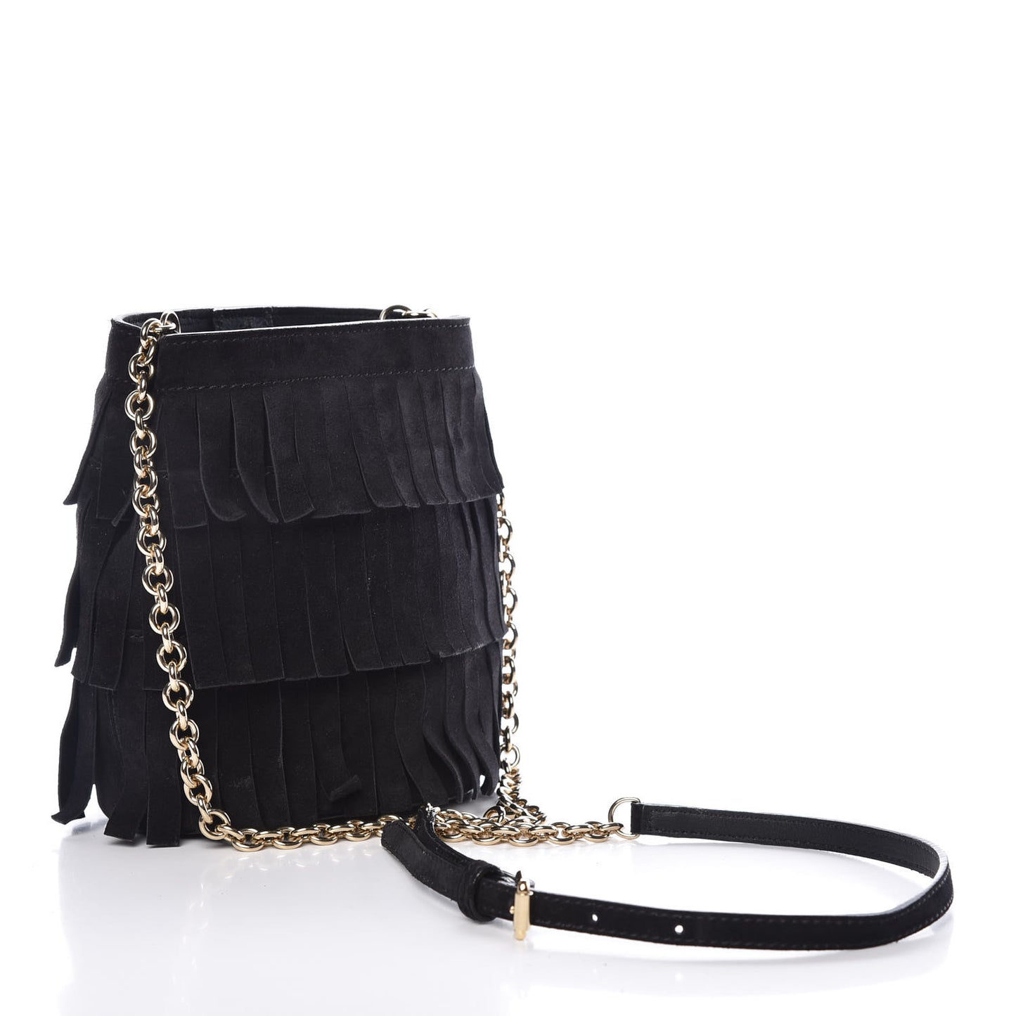 Suede Fringe Mini Bucket Bag Black