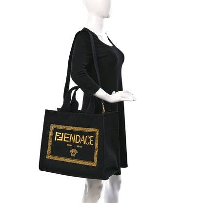 Fendi X VERSACE Cotton Canvas Cuoio Romano Fendace Logo Embroidered Signature Shopping Tote Black Gold 2 of 8