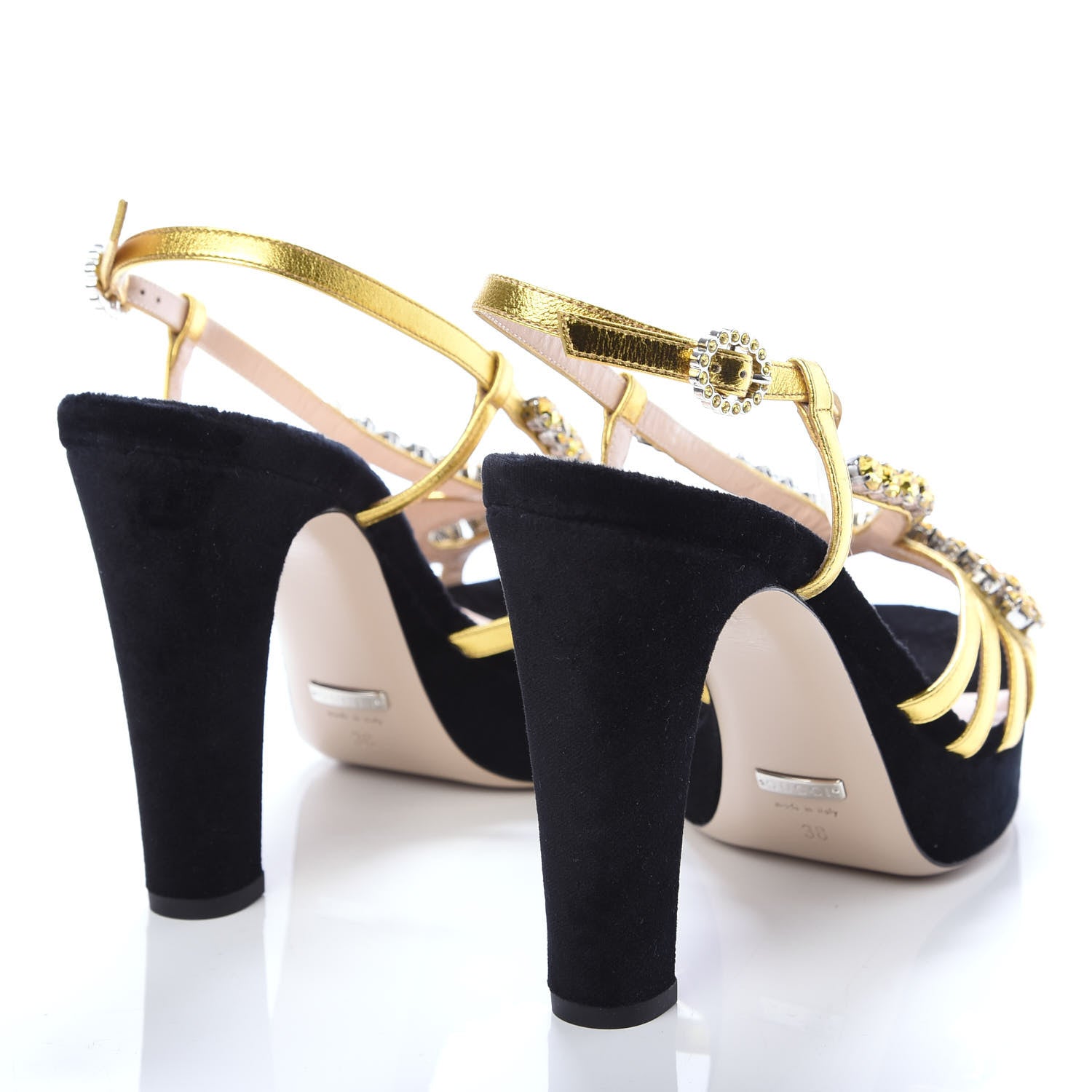 Gucci Velvet Nappa Crystal Zephyra Slingback Platform High Heel Sandals 38 Black Gold 4 of 11
