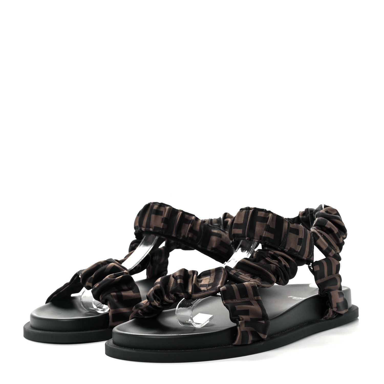 Fendi Satin FF Ruched Sandals 39 Tobacco Black 3 of 10