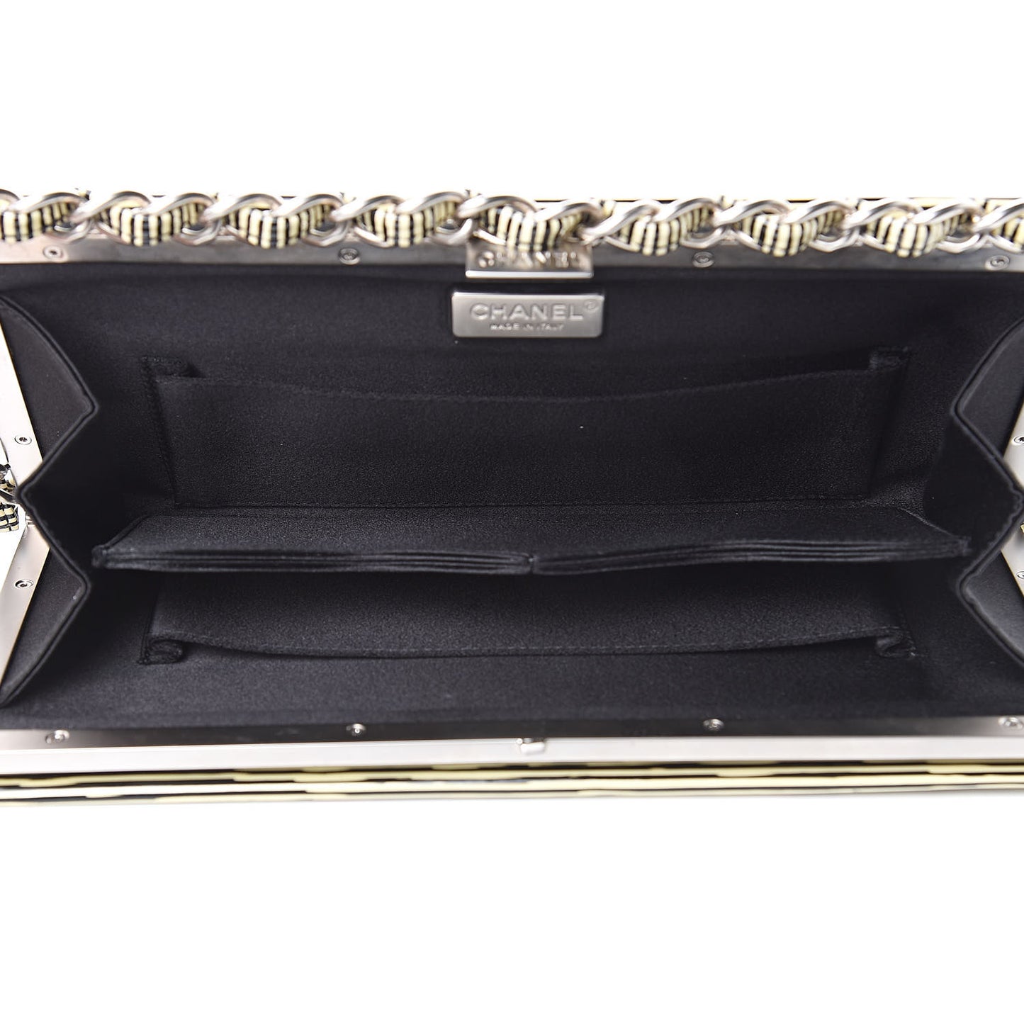 Patent Calfskin Striped Clutch Black