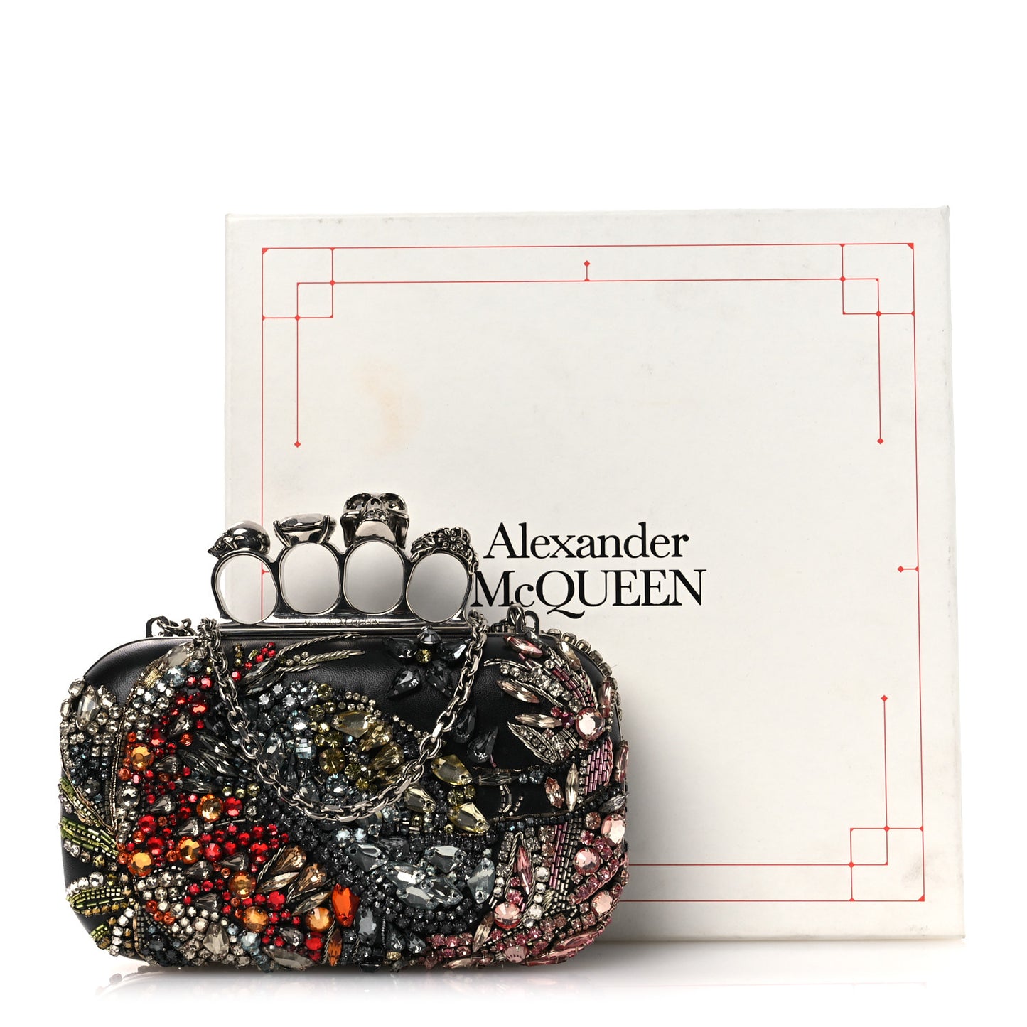 Nappa Crystal Embroidered Hieronymus Skull Knuckle Box Clutch Black Multicolor