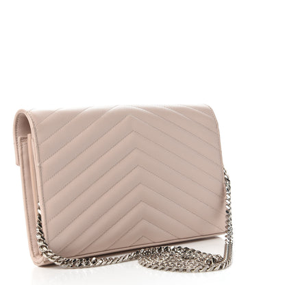 Saint Laurent Grain De Poudre Matelasse Chevron Monogram Chain Wallet Washed Light Pink 3 of 9
