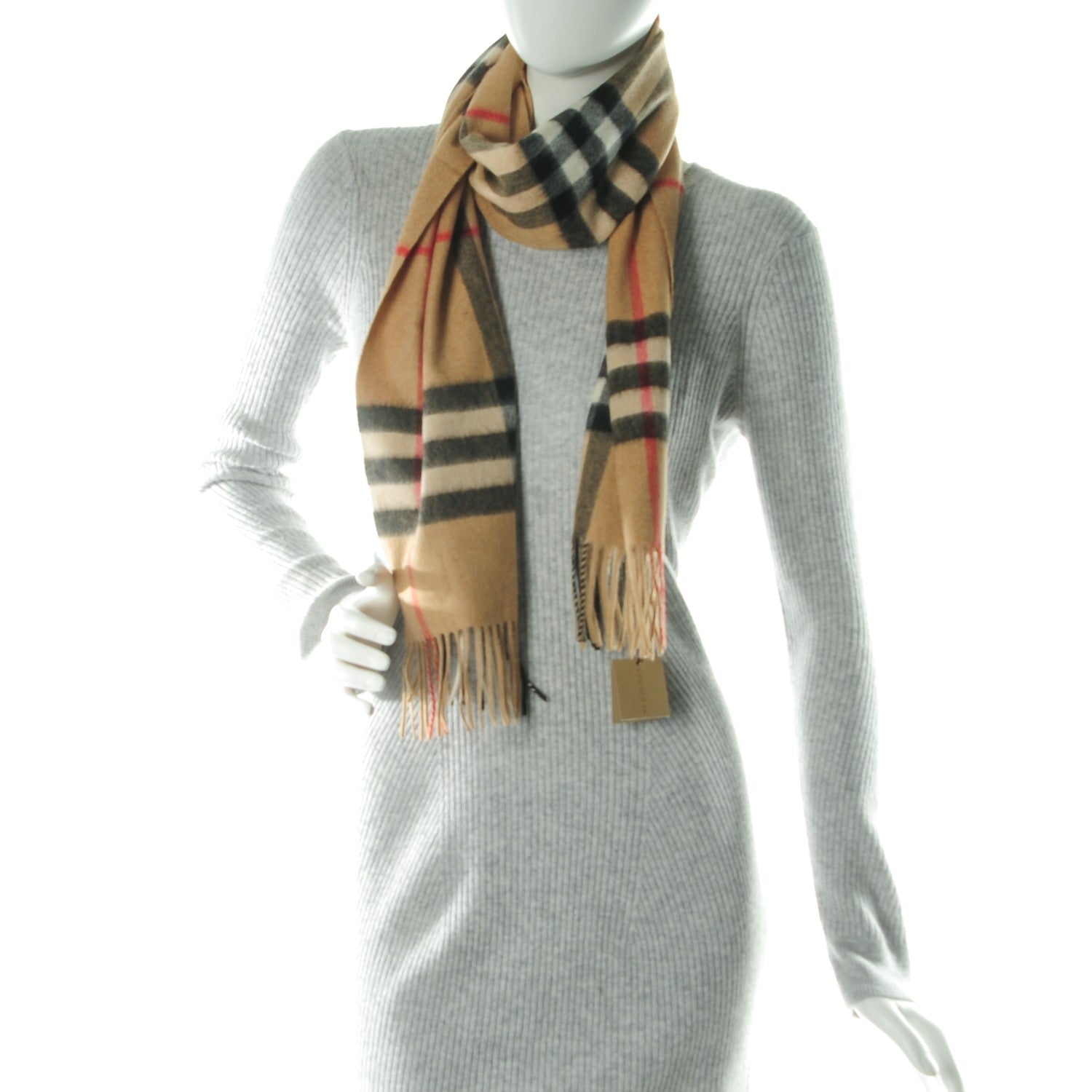 Burberry Cashmere Giant Check Fringe Scarf Camel 2 of 4