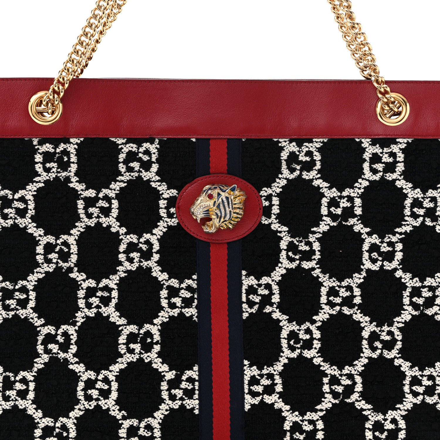 Gucci Tweed GG Monogram Large Rajah Chain Tote Romantic Cherry Black White 9 of 14