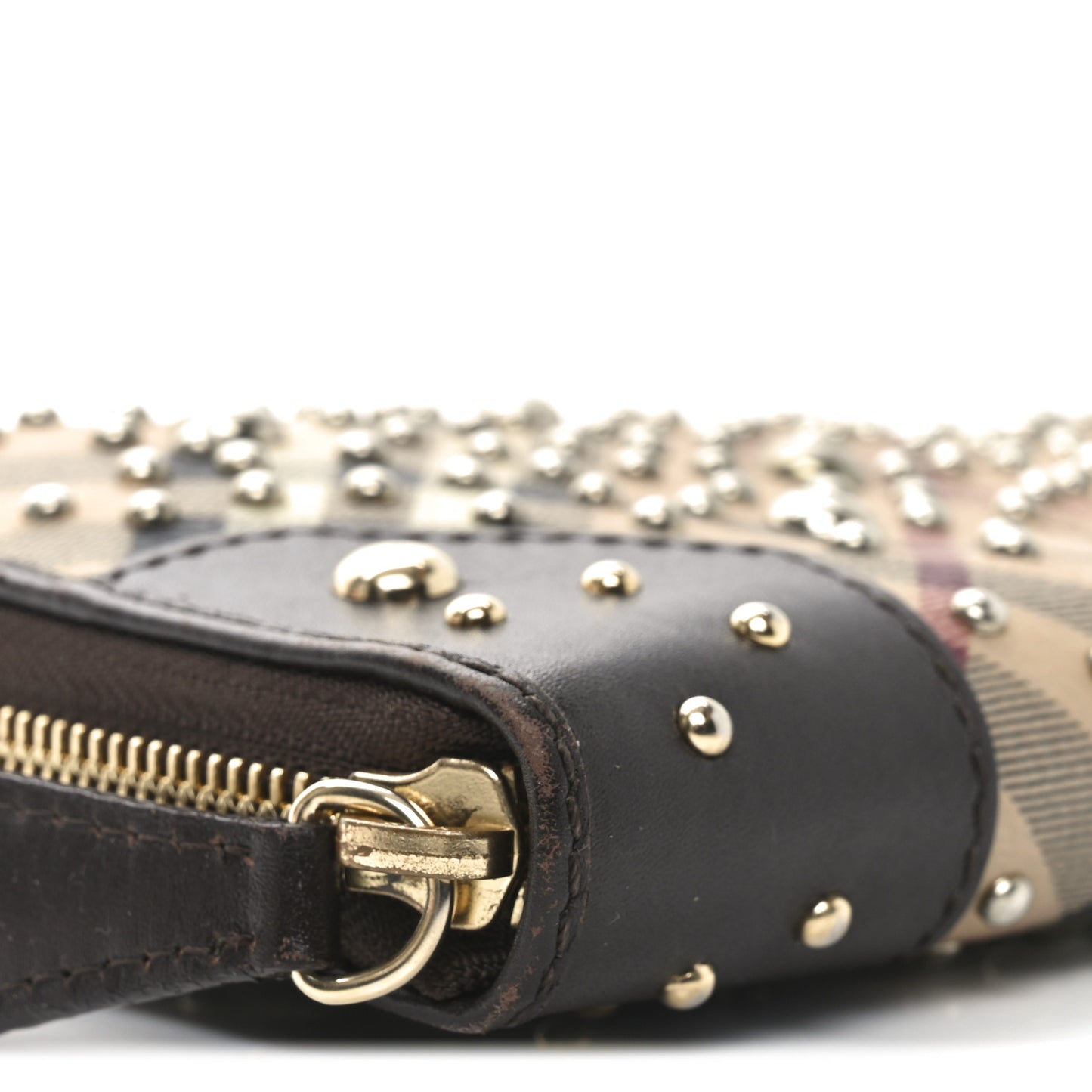 Studded Haymarket Check Large Zip Around Wallet Brown