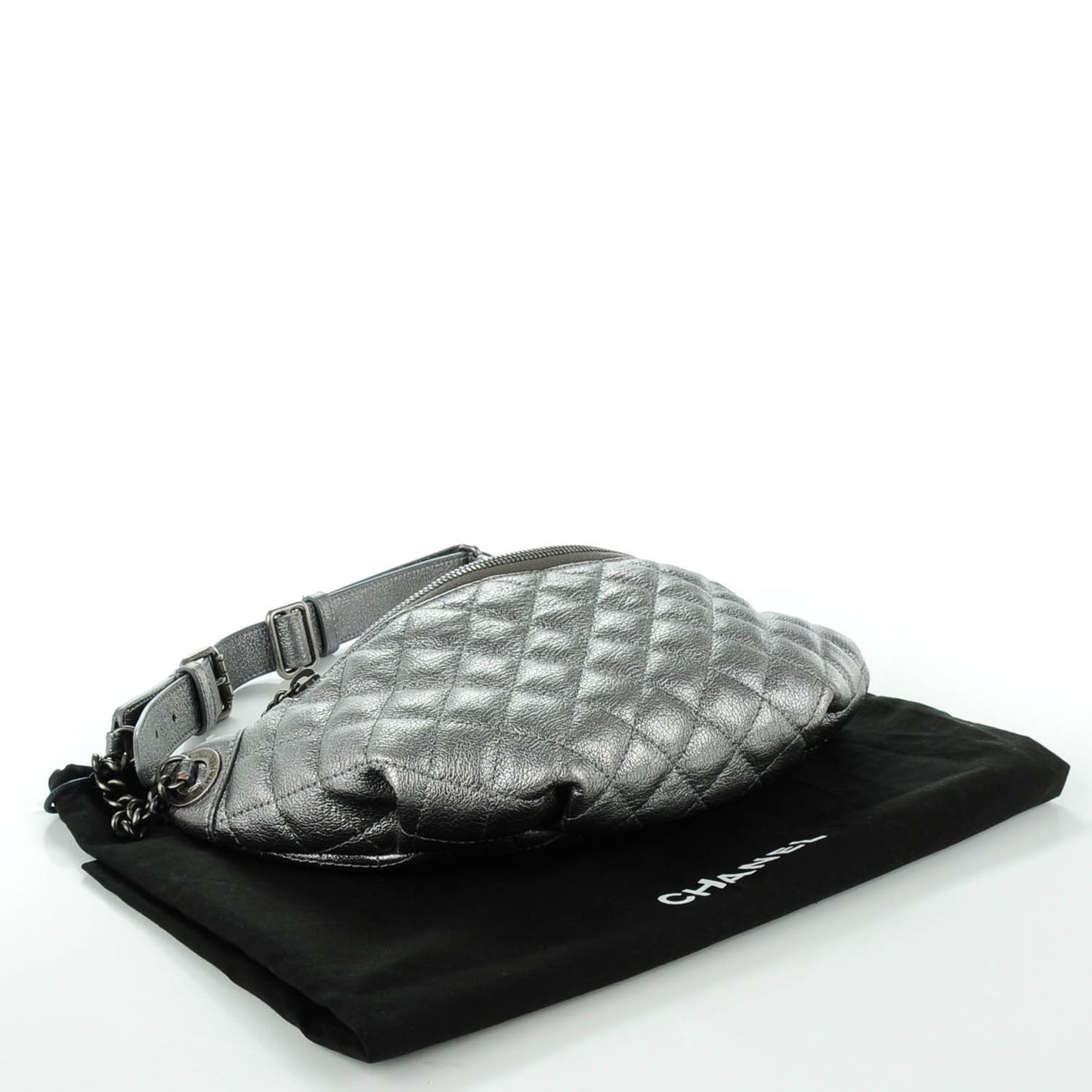 Metallic Goatskin Quilted Banane Waist Bag Fanny Pack Silver