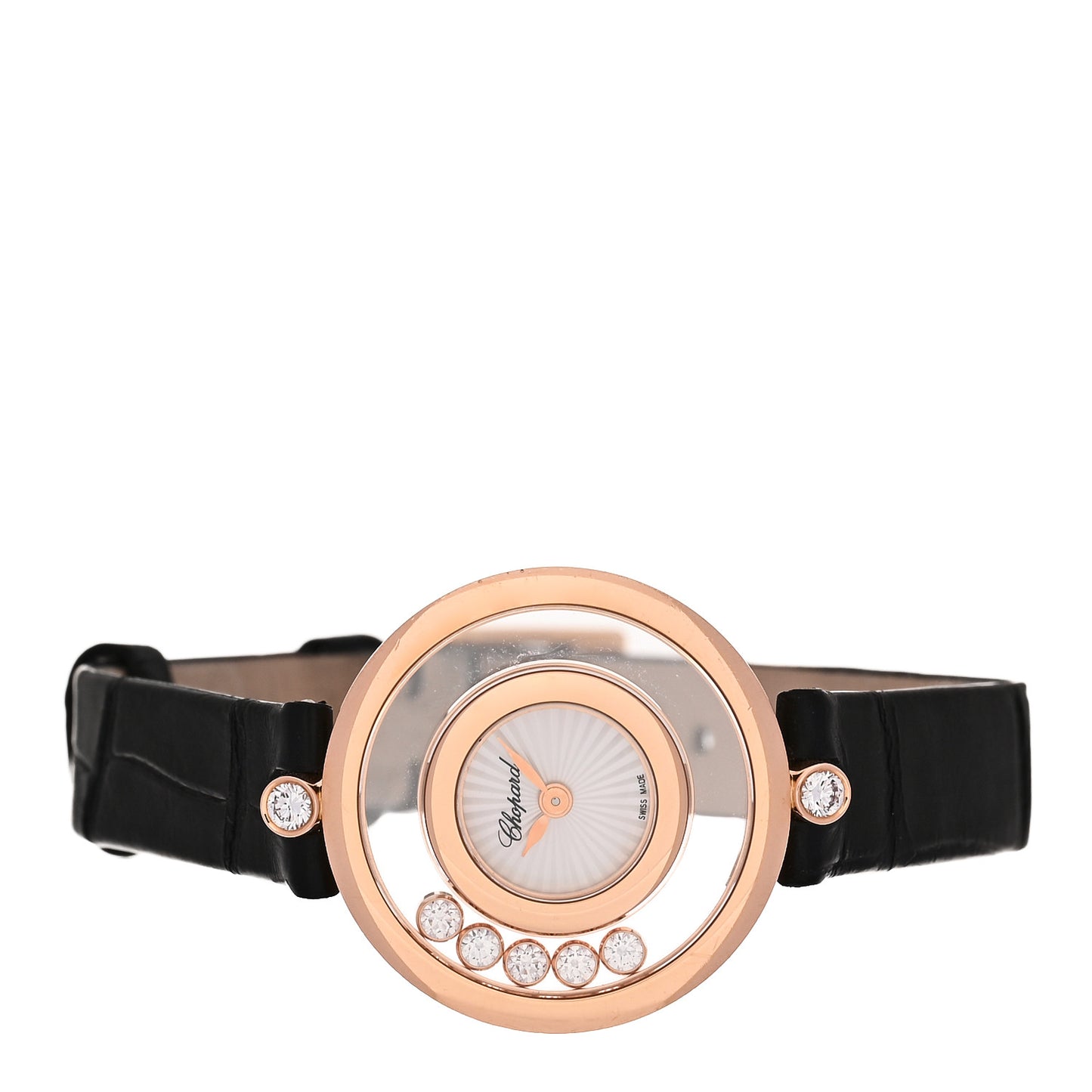18K Rose Gold Alligator 5 Diamond Mother of Pearl 25mm Happy Diamonds Quartz Watch