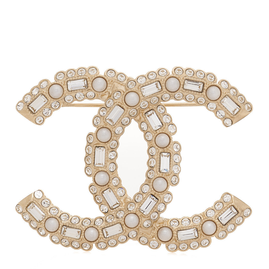 Crystal Baguette Pearl CC Brooch Gold Pearly White