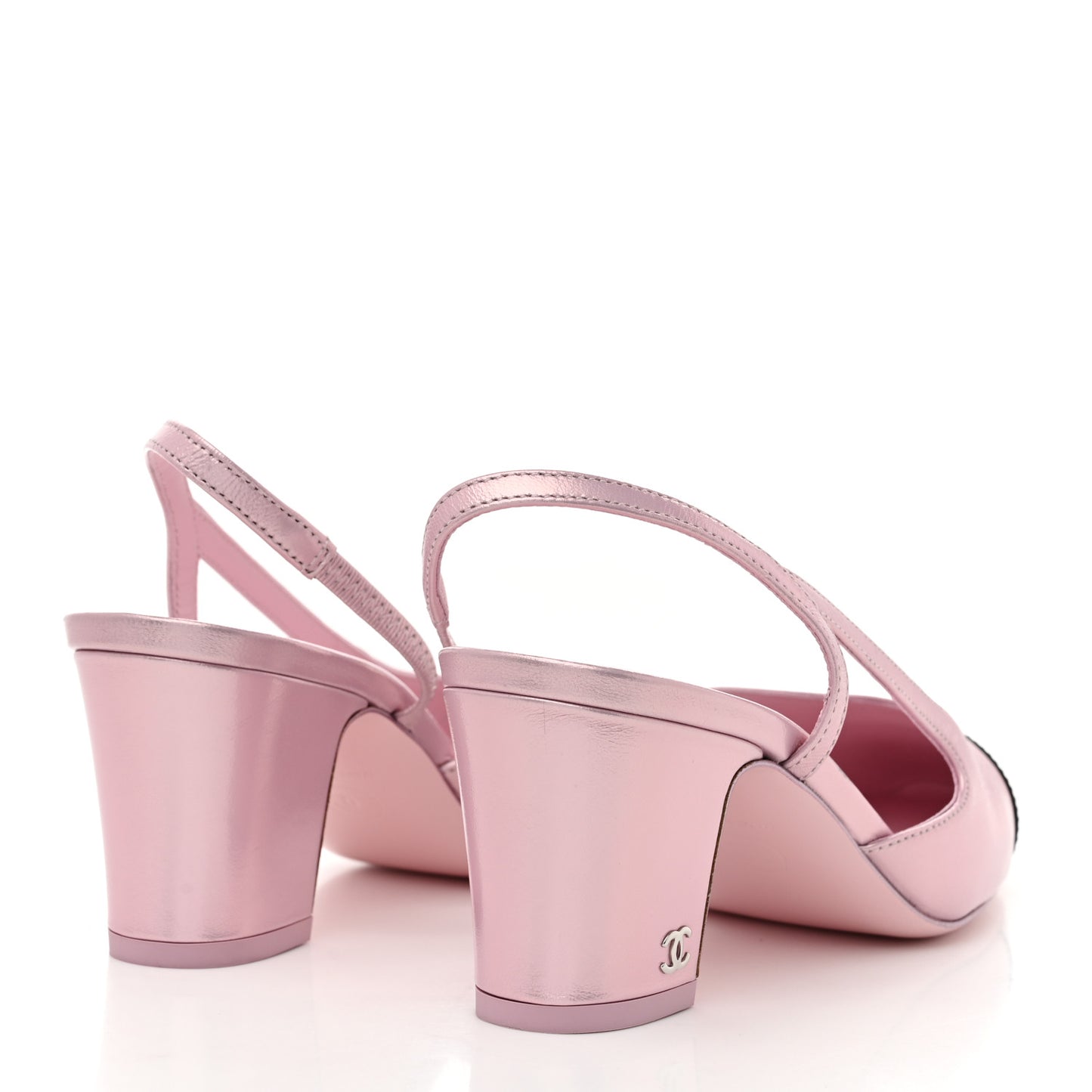 Laminated Lambskin Patent Cap Toe CC Slingback Pumps 37 Light Pink Black