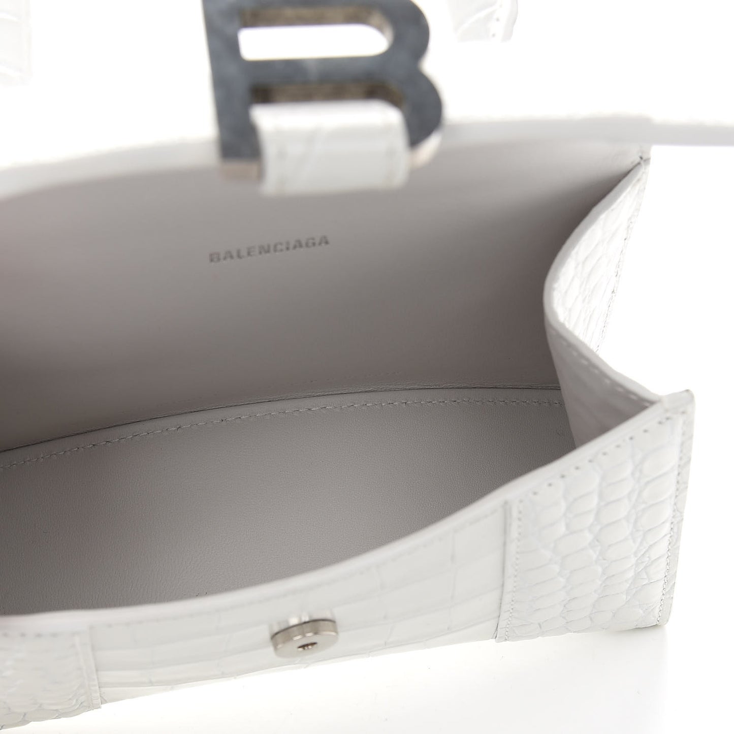 Shiny Calfskin Crocodile Embossed Hourglass Top Handle Bag XS White