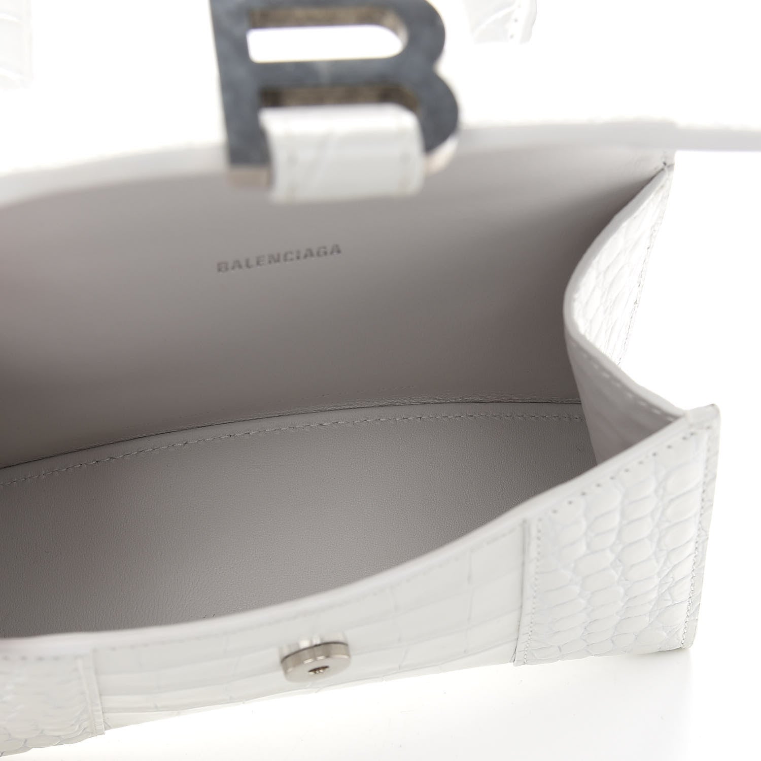 Balenciaga Shiny Calfskin Crocodile Embossed Hourglass Top Handle Bag XS White 5 of 10
