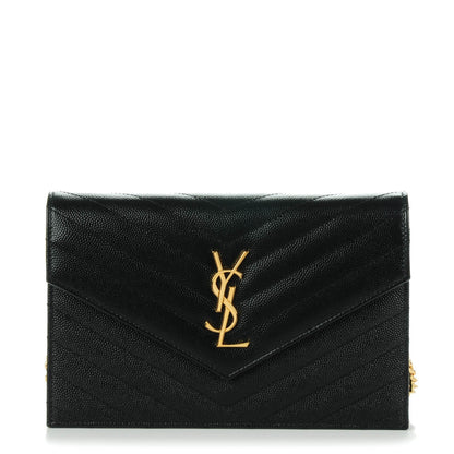 Saint Laurent Grain De Poudre Matelasse Chevron Monogram Chain Wallet Black 1 of 7