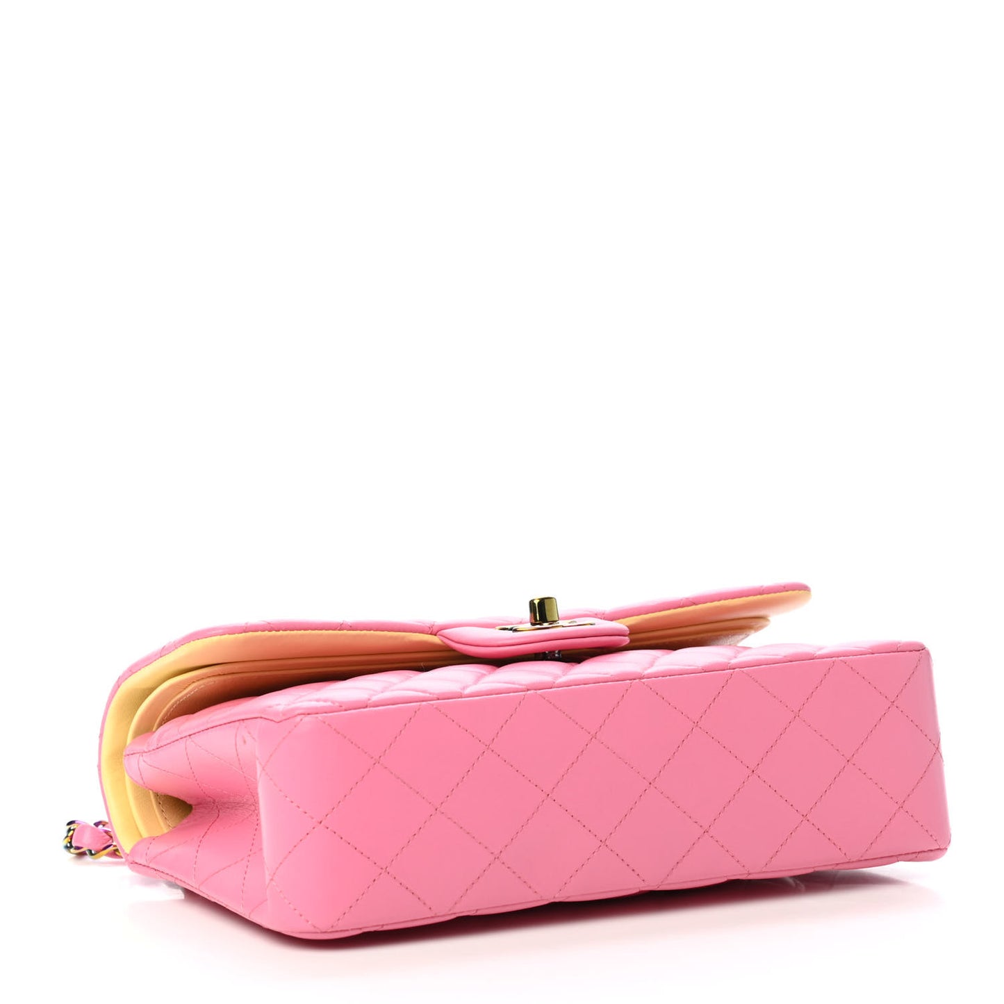 Lambskin Quilted Small Double Flap Pink Yellow