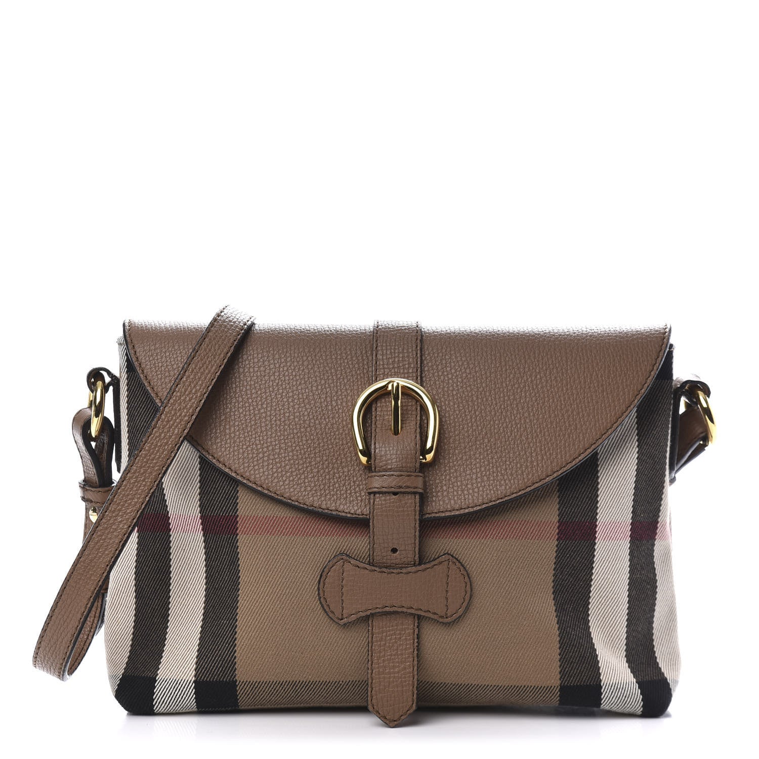 Burberry Horseshoe Calfskin House Check Small Milton Crossbody Bag Tan 1 of 12