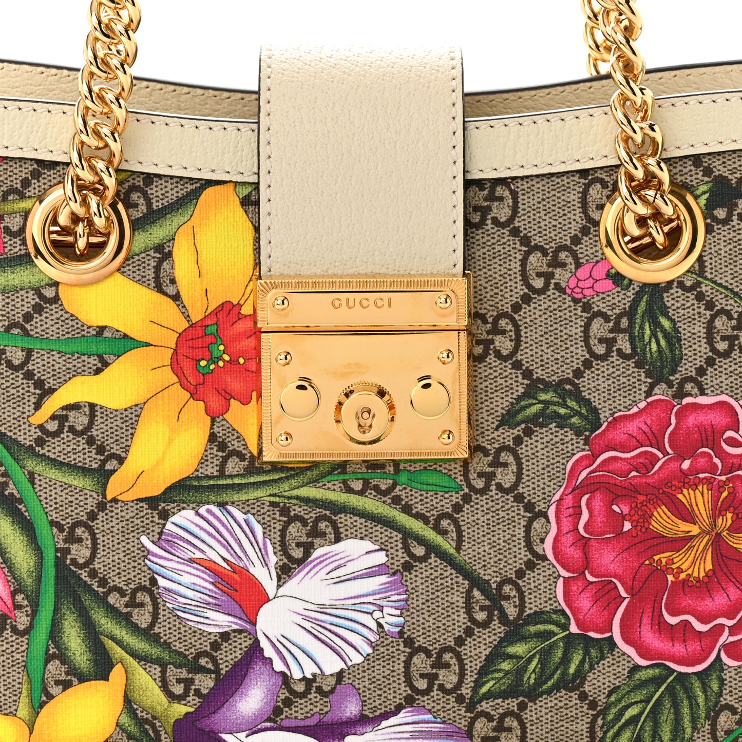 GG Supreme Monogram Flora Textured Calfskin Small Padlock Tote Beige Ebony Multicolor Mystic White