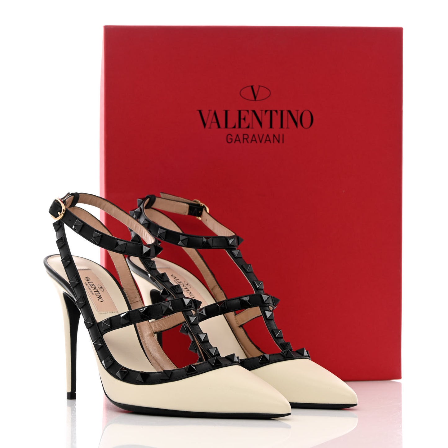 Calfskin Rockstud Ankle Strap 100mm Pumps 39.5 Light Ivory Black