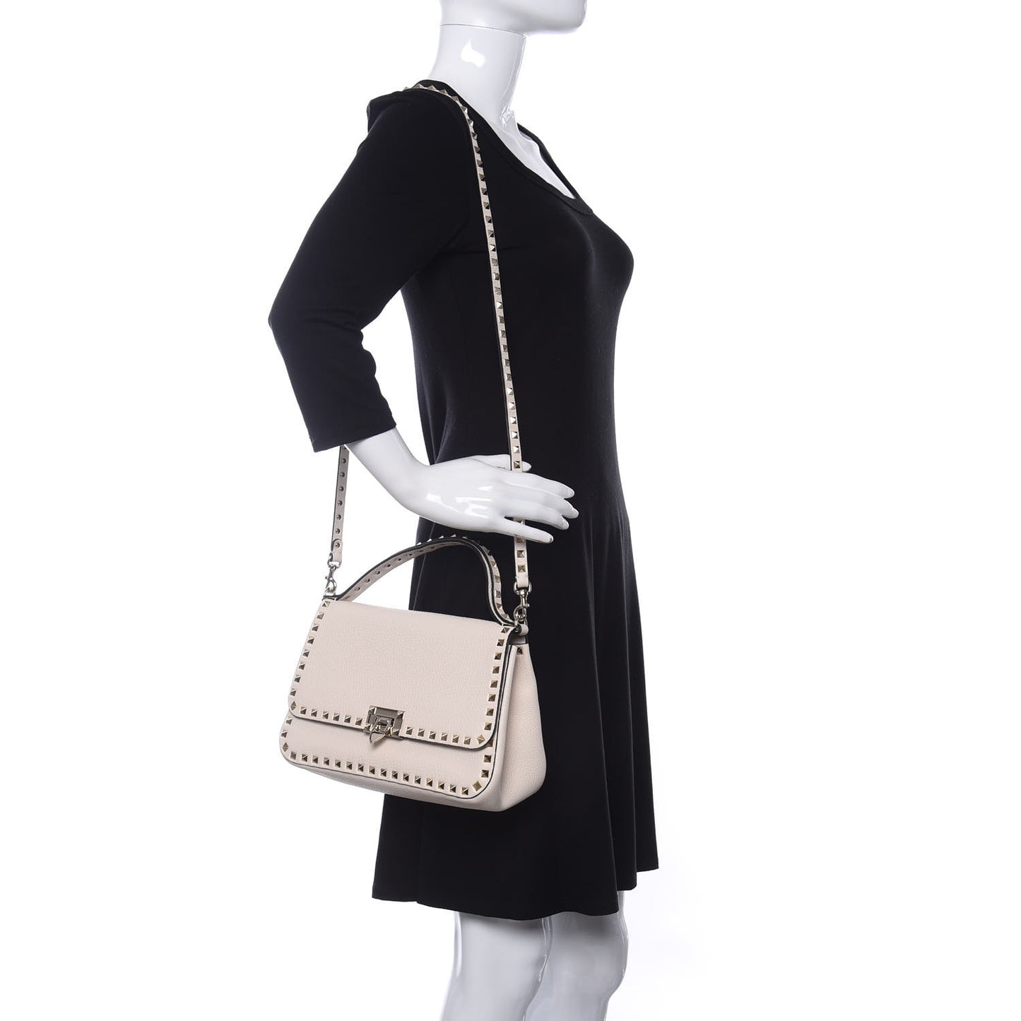 Grained Calfskin Large Rockstud Top Handle Flap Shoulder Bag Light Ivory