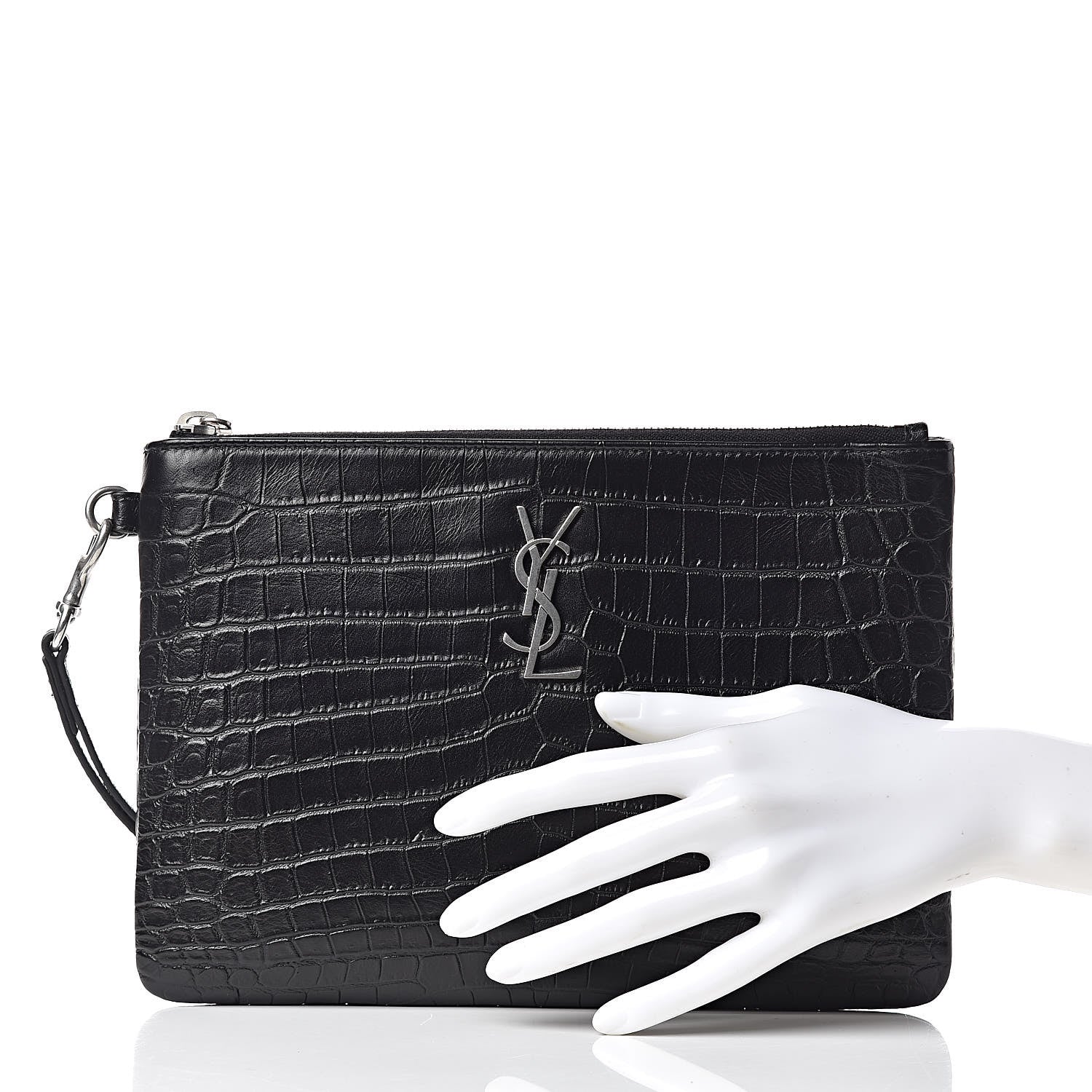 Saint Laurent Calfskin Crocodile Embossed Monogram Zip Pouch Black 2 of 10