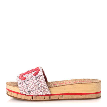Chanel Tweed Lambskin Cork CC Mule Sandals 36 Pink Red 1 of 10