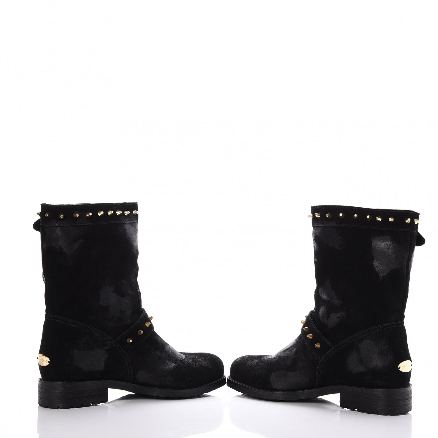 Distressed Waxed Leather Studded Biker Moto Boot 38 Black