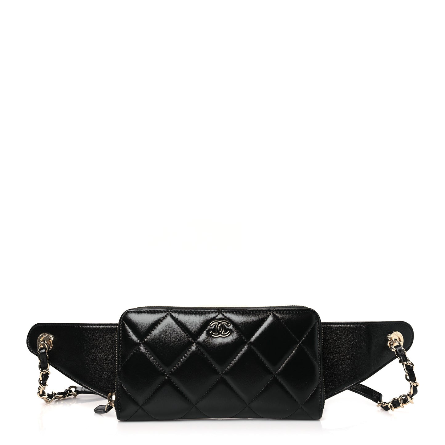 Shiny Lambskin Gusset Zip Around Waist Belt Wallet Black
