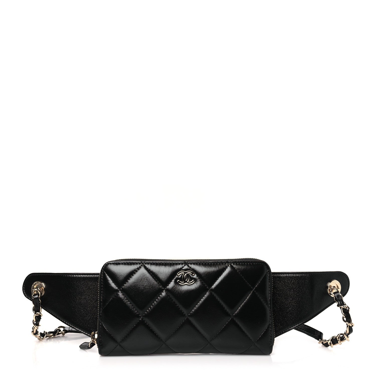 Chanel Shiny Lambskin Gusset Zip Around Waist Belt Wallet Black 1 of 11