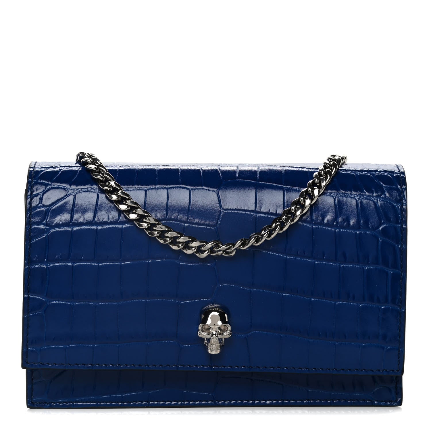 Alexander McQueen Calfskin Crocodile Embossed Skull Mini Crossbody Bag Deep Lapis Blue 1 of 13