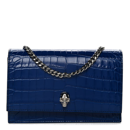Alexander McQueen Calfskin Crocodile Embossed Skull Mini Crossbody Bag Deep Lapis Blue 1 of 13