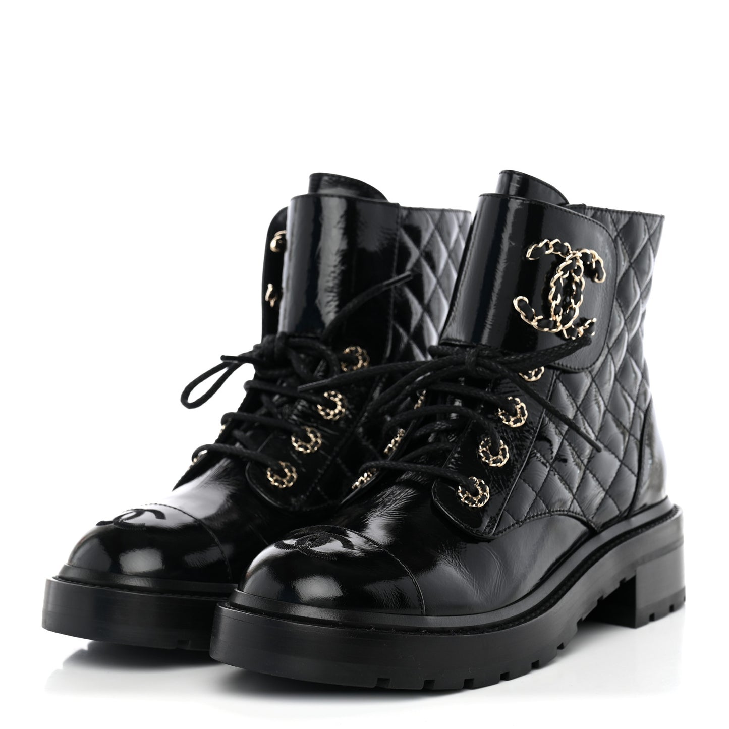 Shiny Goatskin Calfskin Quilted Lace Up Combat Boots 38 Black