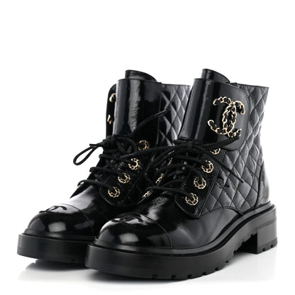 Chanel Shiny Goatskin Calfskin Quilted Lace Up Combat Boots 38 Black 3 of 11