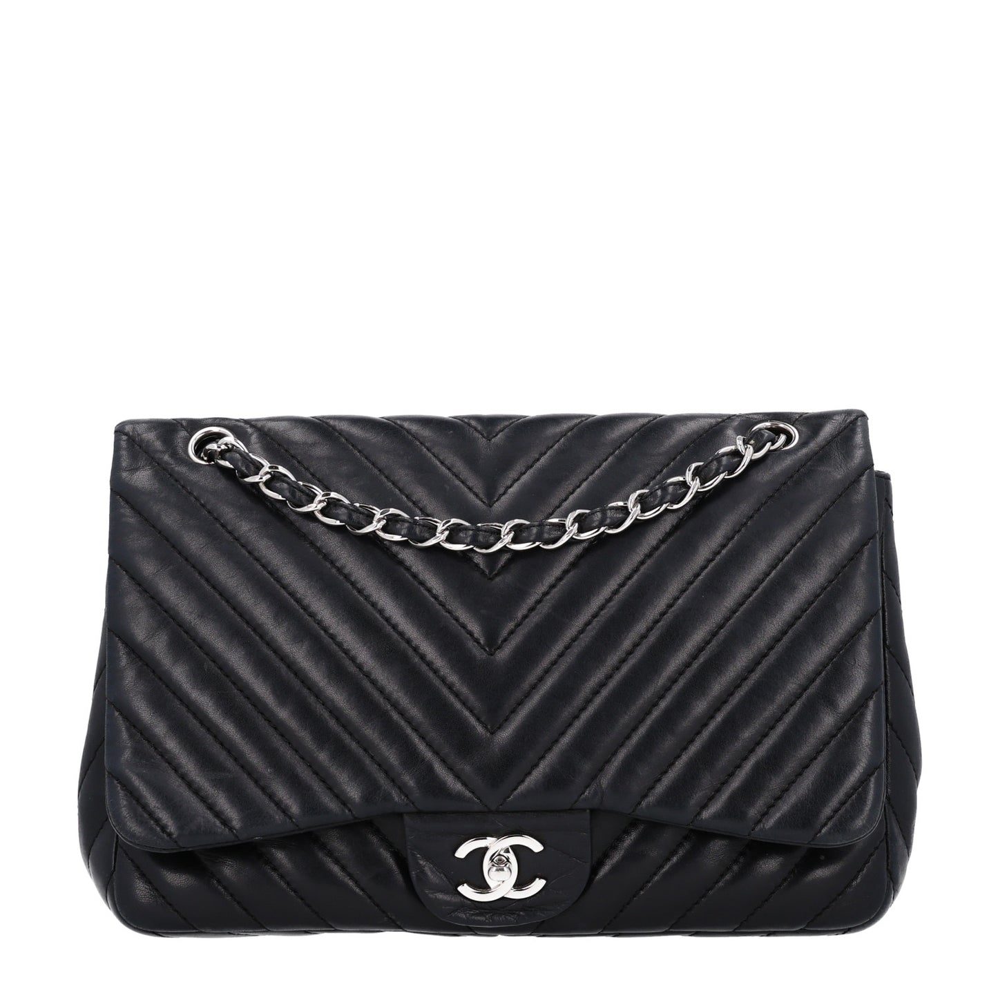 Lambskin Chevron Quilted Jumbo Single Flap Black