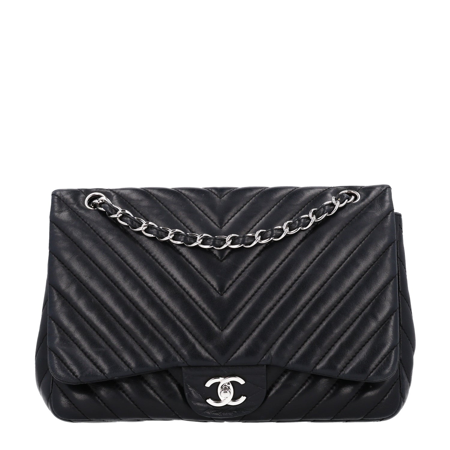 Chanel Lambskin Chevron Quilted Jumbo Single Flap Black 1 of 10